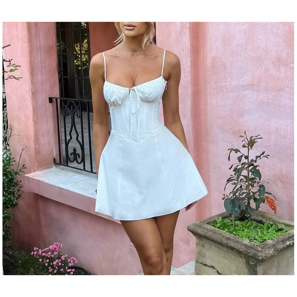 Babyboo Lacey Mini Dress White Corset Lace Up Back Sweetheart Neck Coquette XS